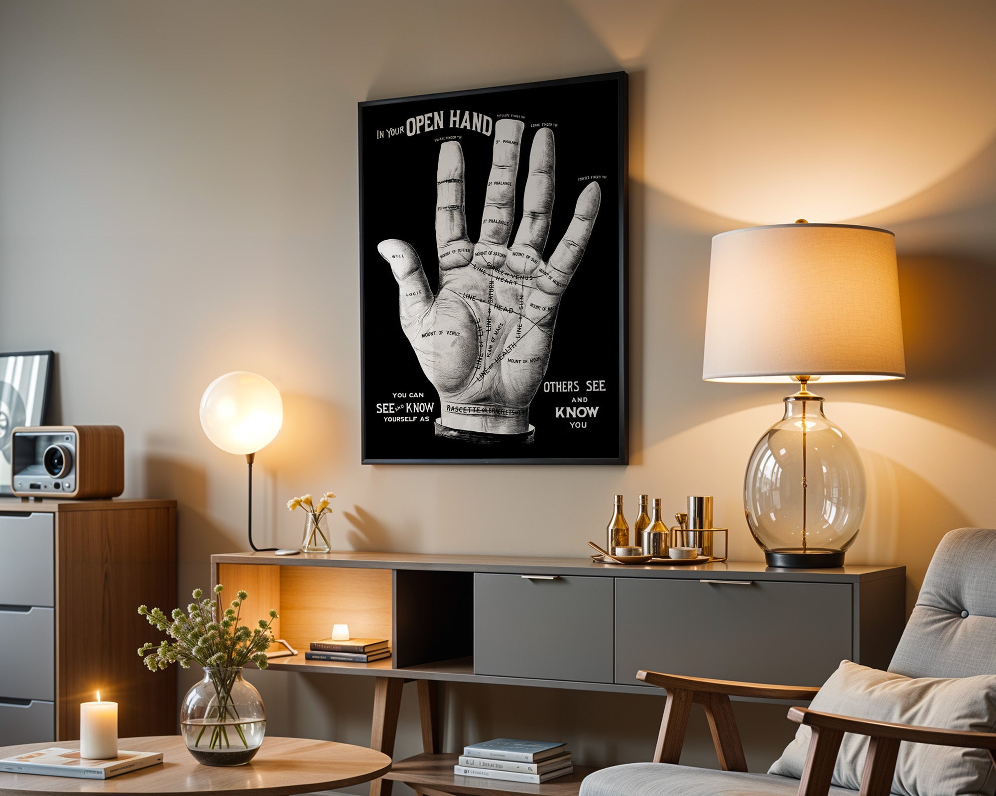 Handlesen Poster gerahmt im Wohnzimmer