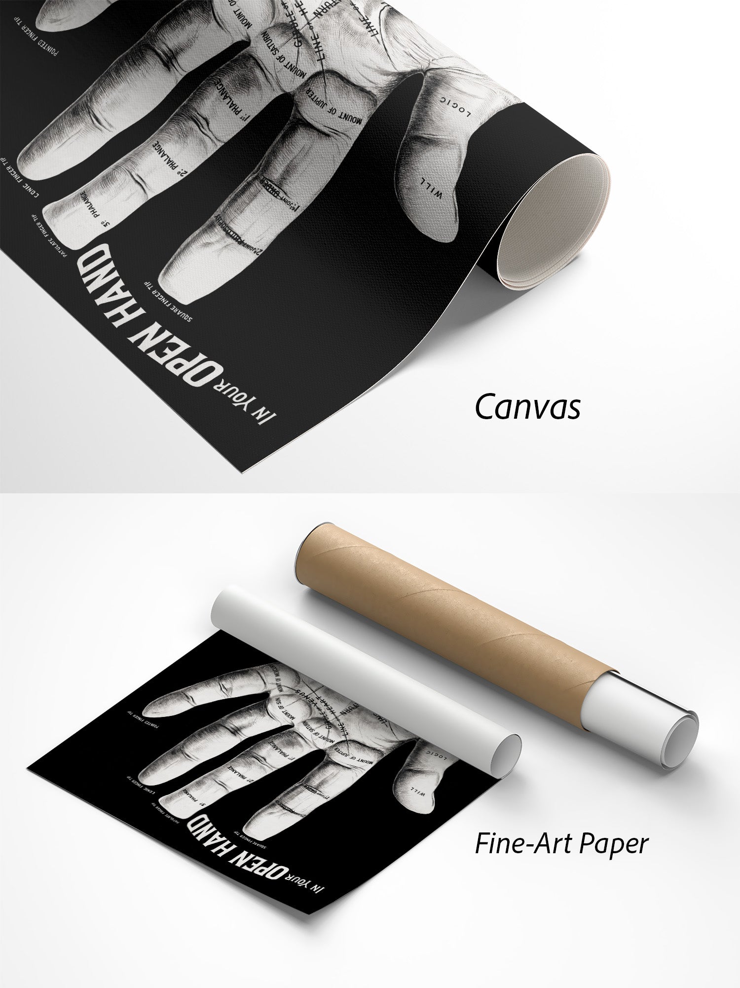 Handlesen Vintage Poster auf Canvas und Fine-Art-Papier im Materialvergleich