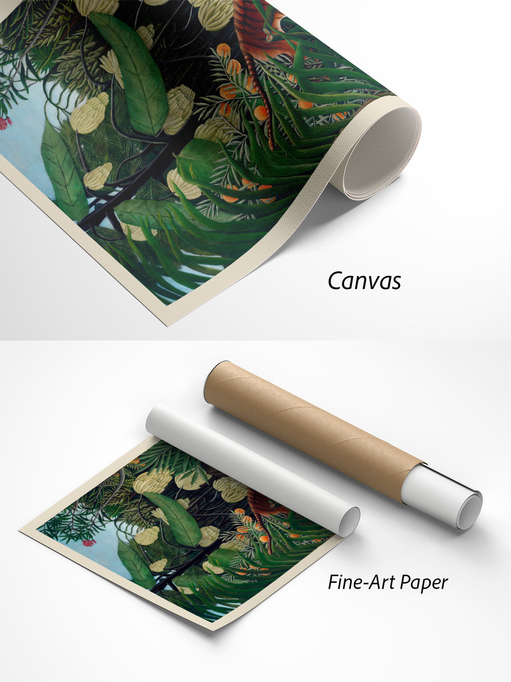 Henri Rousseau Kampf zwischen Tiger und Büffel Kunstdruck auf Canvas und Fine-Art-Papier im Materialvergleich