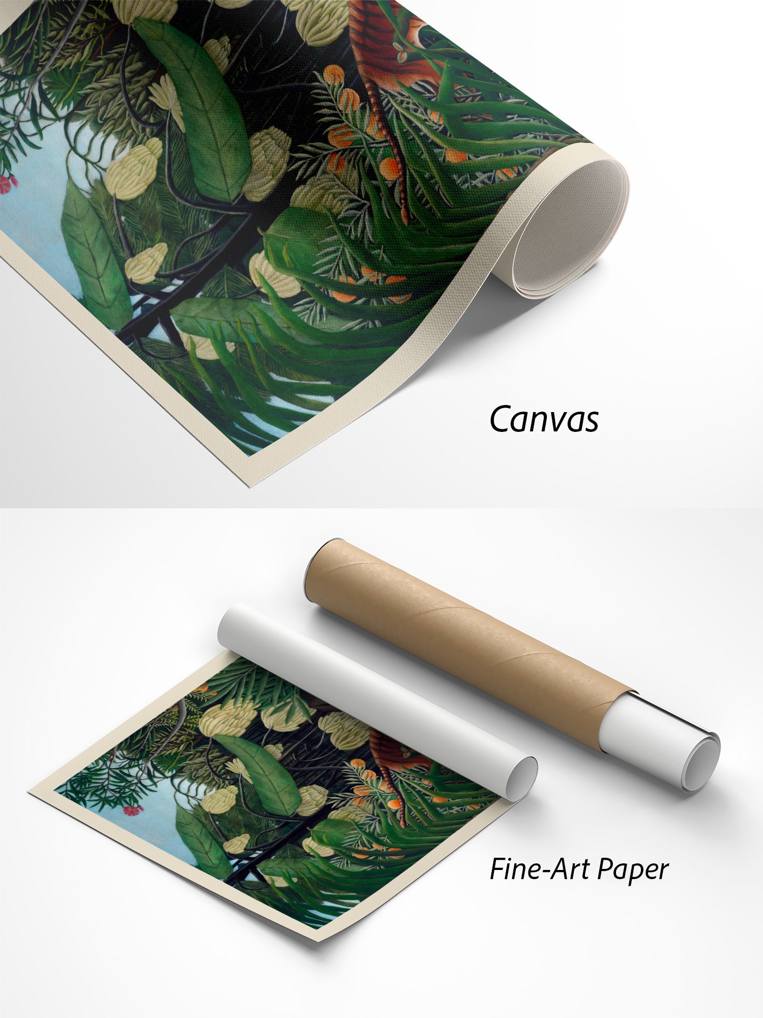 Henri Rousseau Kampf zwischen Tiger und Büffel Kunstdruck auf Canvas und Fine-Art-Papier im Materialvergleich