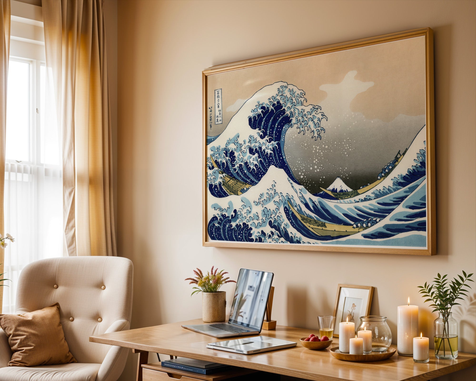 Hokusai Große Welle Poster gerahmt über dem Sofa im Wohnzimmer