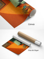 Katze im Wohnzimmer Katzen Poster im Materialvergleich: strukturierte Leinwand und mattes Fine-Art-Papier mit Versandrohr.