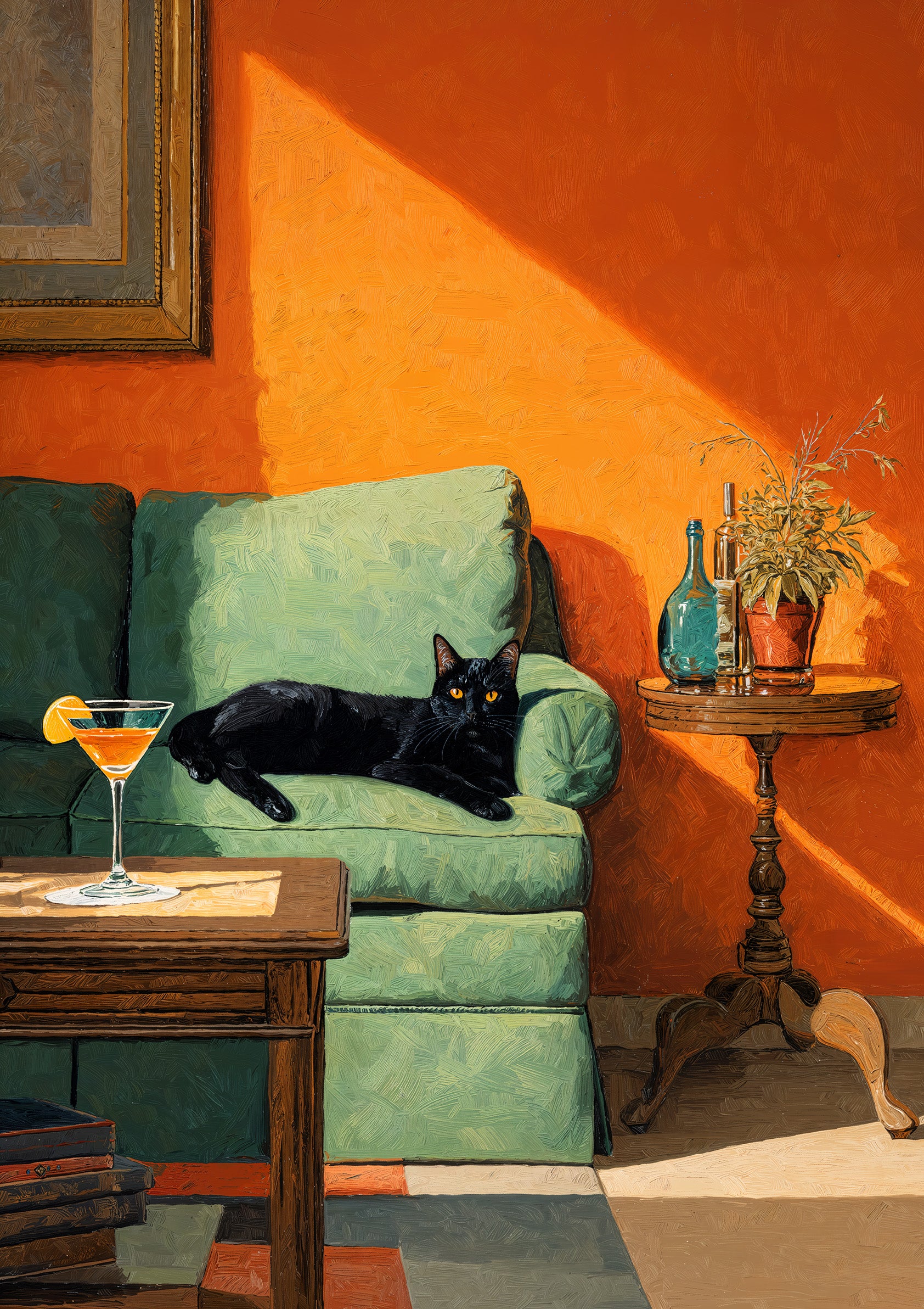 Schwarze Katze auf grünem Sofa mit Cocktail vor orangefarbener Wand