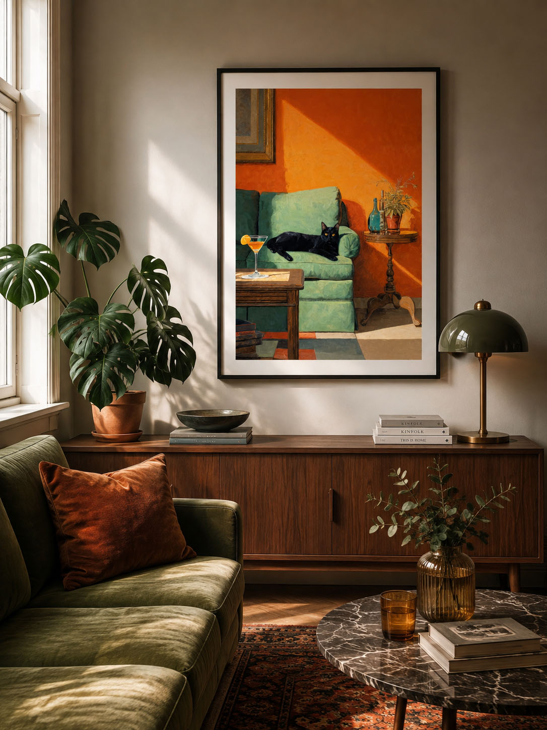Katzen Poster mit schwarzer Katze auf grünem Sofa im schwarzen Rahmen in einem stilvollen Wohnzimmer
