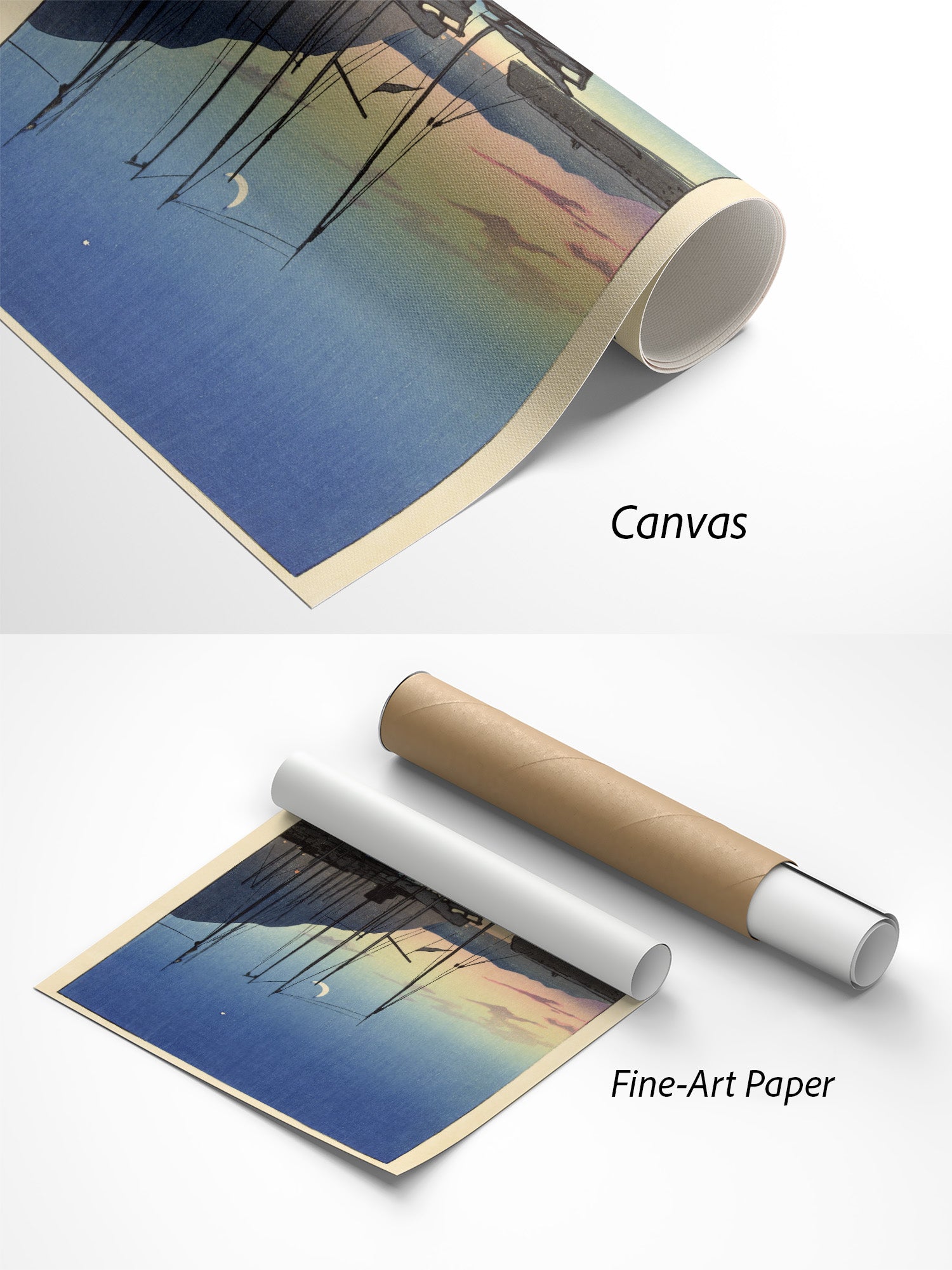 Kawase Hasui Beppu no Asa Kunstdruck auf Canvas und Fine-Art-Papier im Materialvergleich