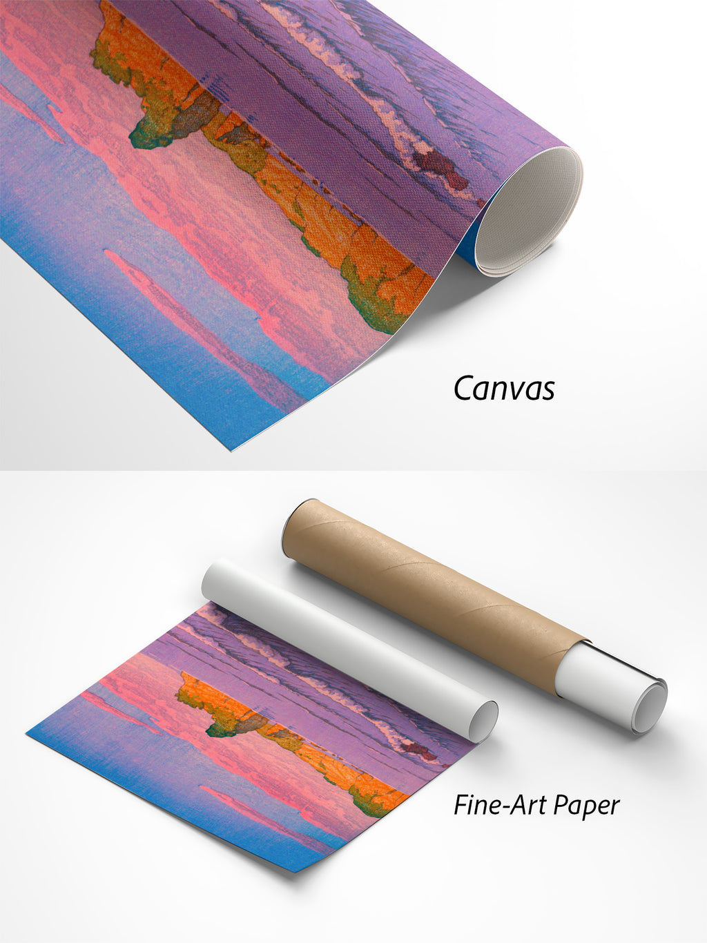 Kawase Hasui Morgenmeer bei Shiribeshi Kunstdruck auf Canvas und Fine-Art-Papier im Materialvergleich