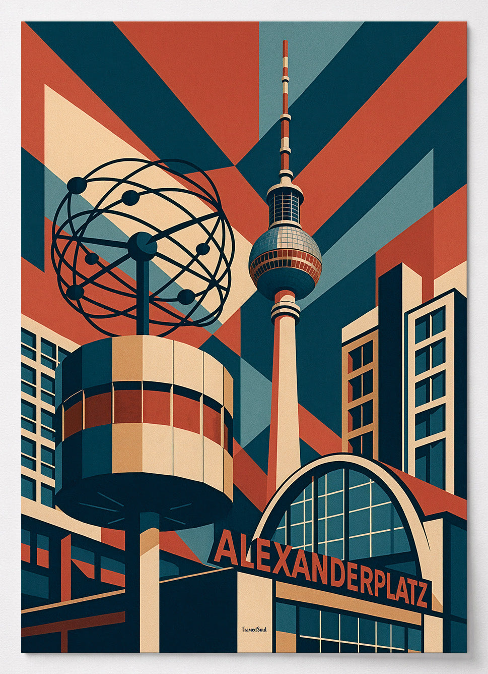 Berlin Poster im Art-déco-Stil mit Fernsehturm und Weltzeituhr am Alexanderplatz