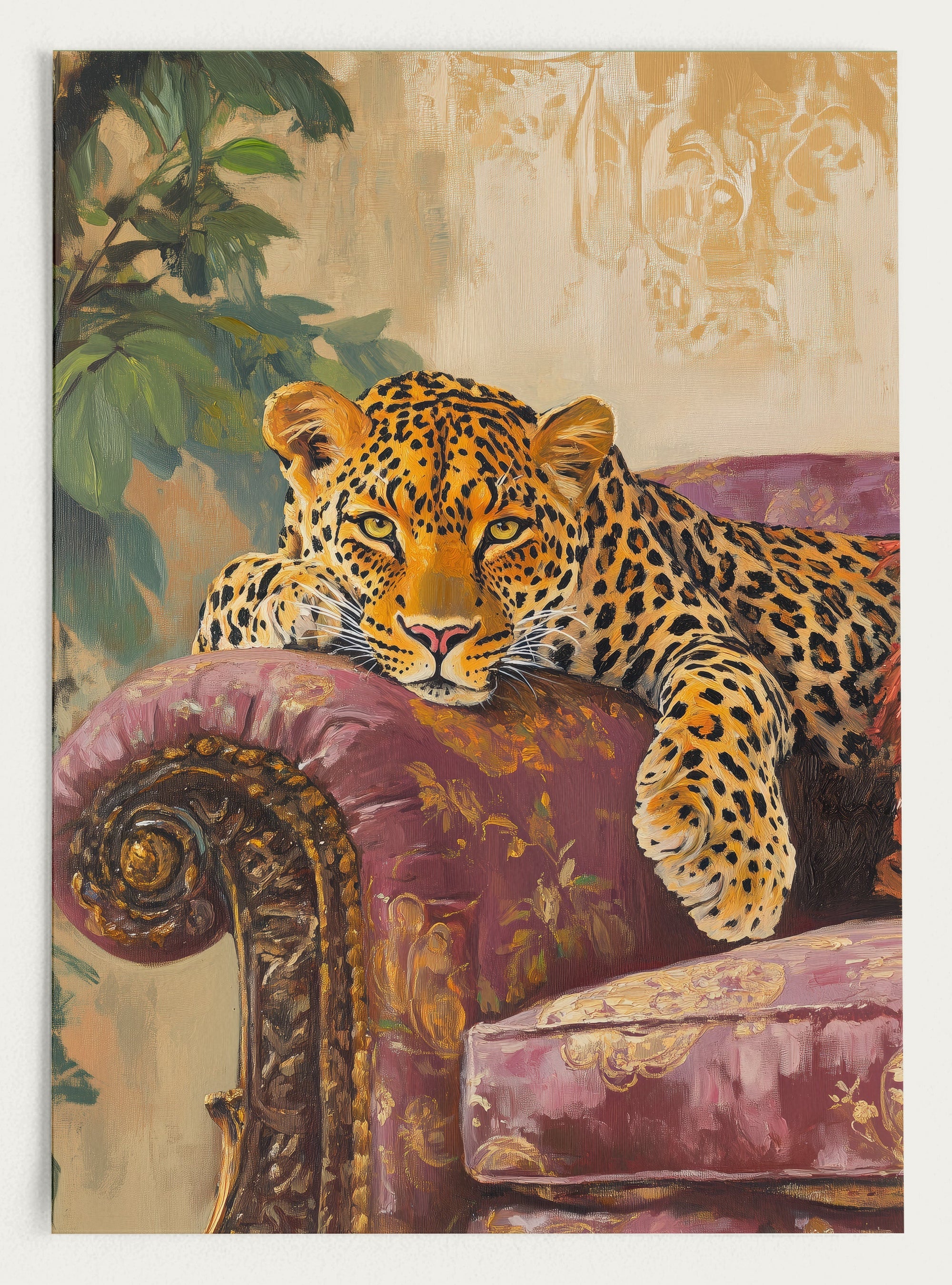 Leopard auf dem Sofa Kunstdruck - majestätischer Leopard auf lila Samtsofa im Stil eines Ölgemäldes