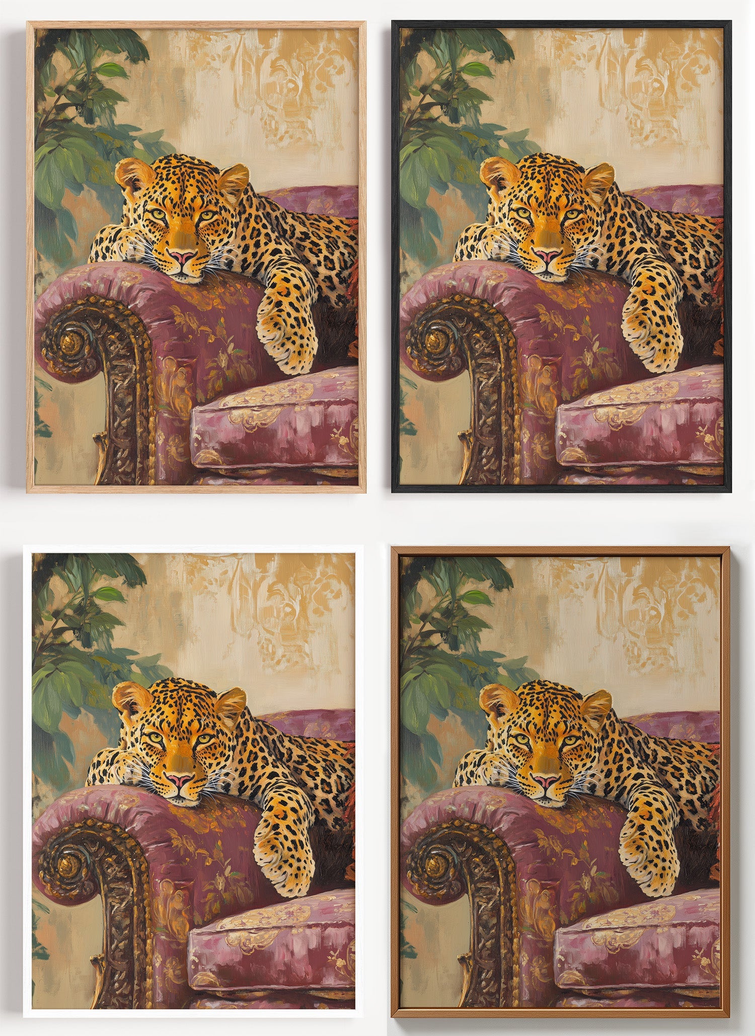 Leopard auf dem Sofa Poster in vier Rahmenvarianten: Eiche, Schwarz, Weiß und Nussbaum