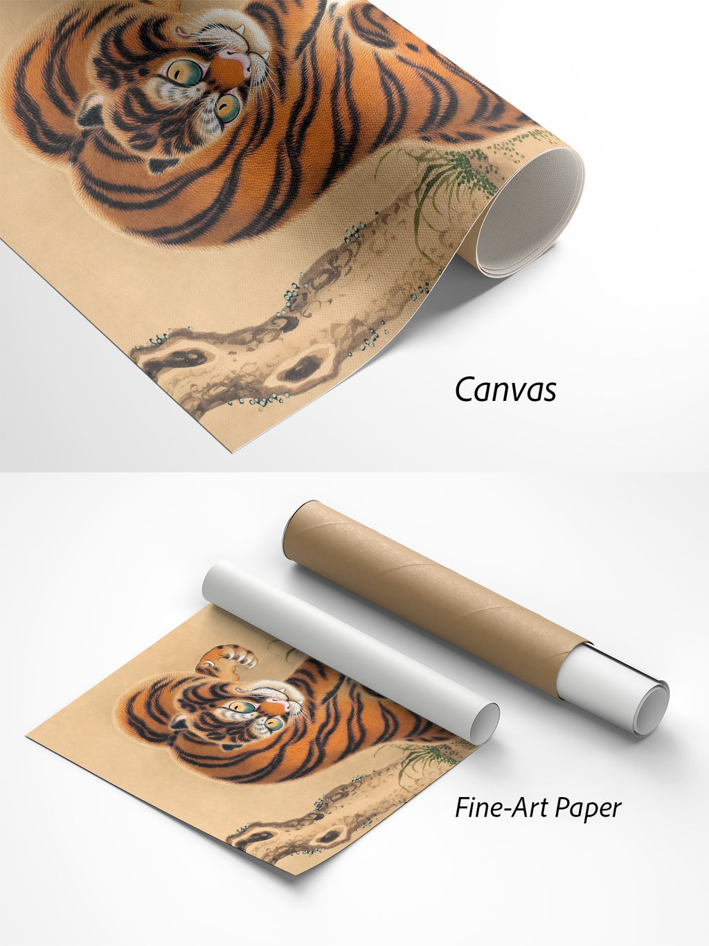 Matsui Keichū Tiger putzt seine Pfote Kunstdruck auf Canvas und Fine-Art-Papier im Materialvergleich