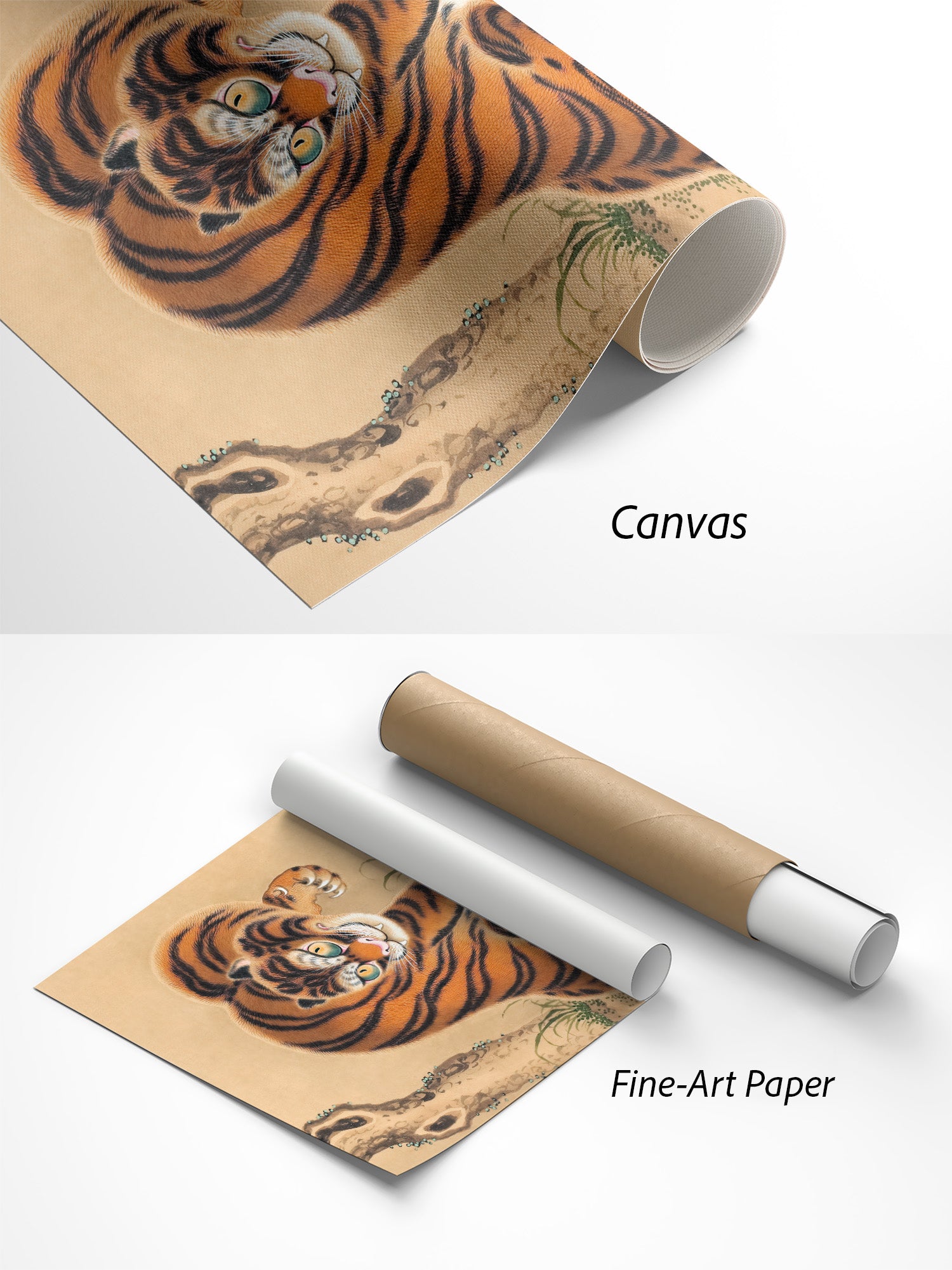 Matsui Keichū Tiger putzt seine Pfote Kunstdruck auf Canvas und Fine-Art-Papier im Materialvergleich