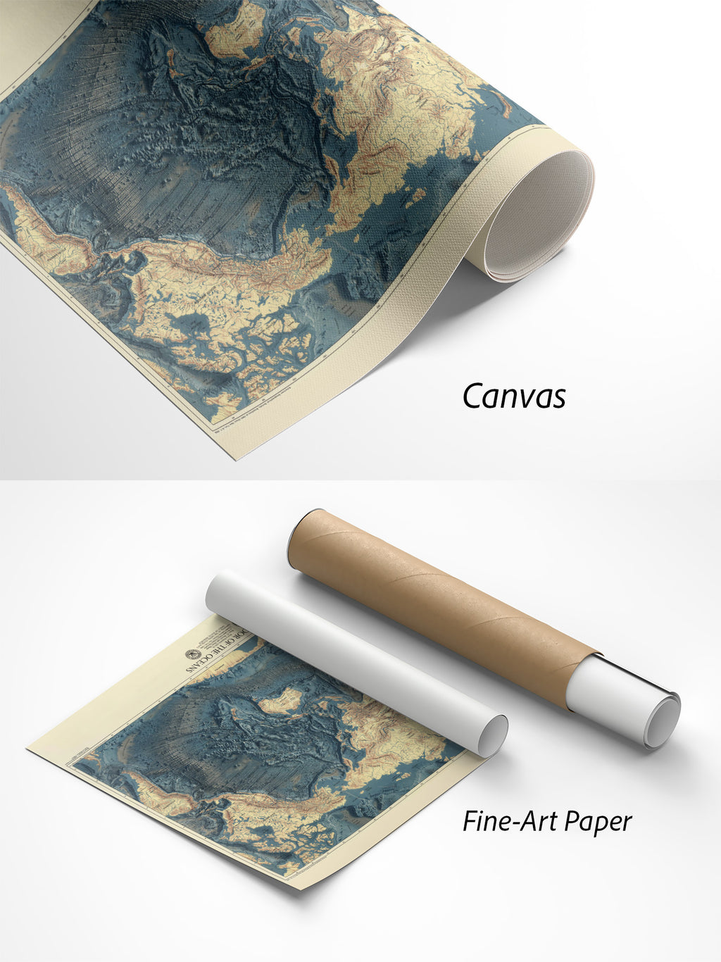 Meeresboden Meereskarte Poster auf Canvas und Fine-Art-Papier im Materialvergleich
