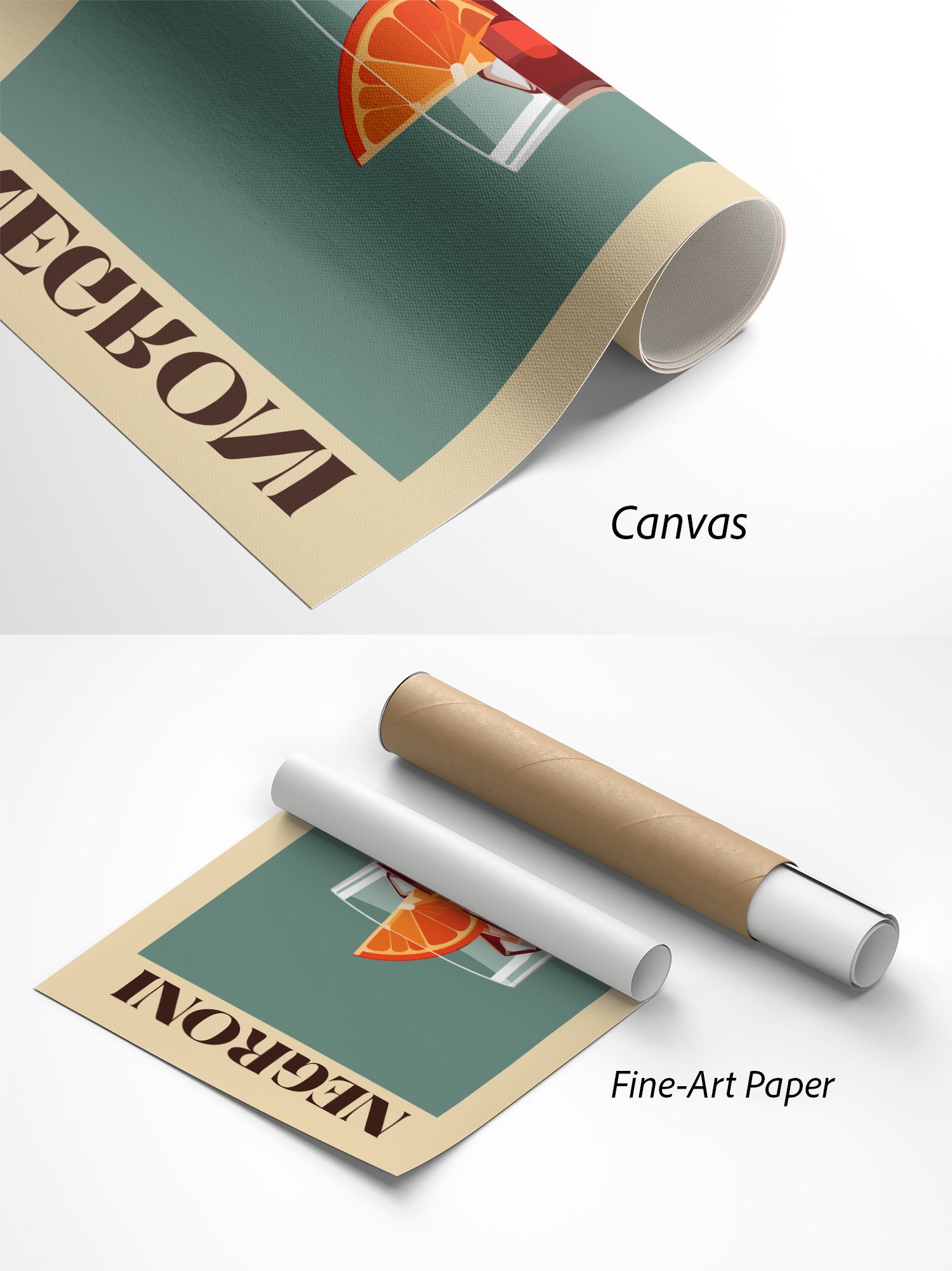 Negroni Cocktail Poster auf Canvas und Fine-Art-Papier im Materialvergleich