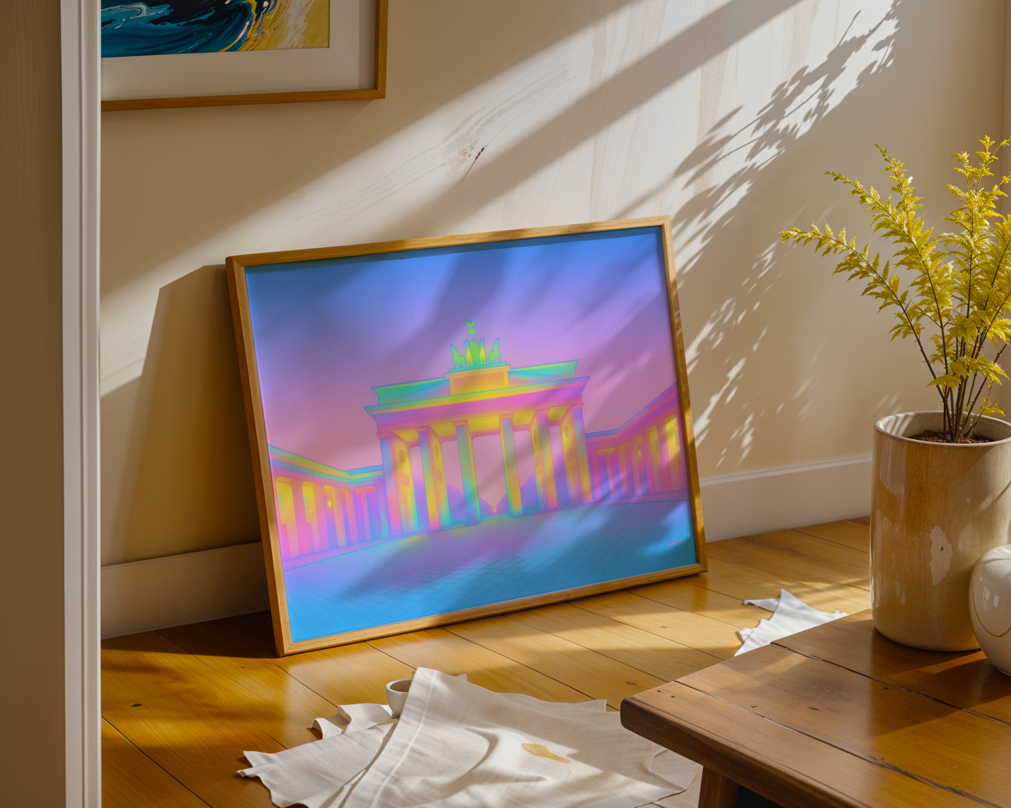 Neon Berlin Poster mit Brandenburger Tor gerahmt im Wohnzimmer