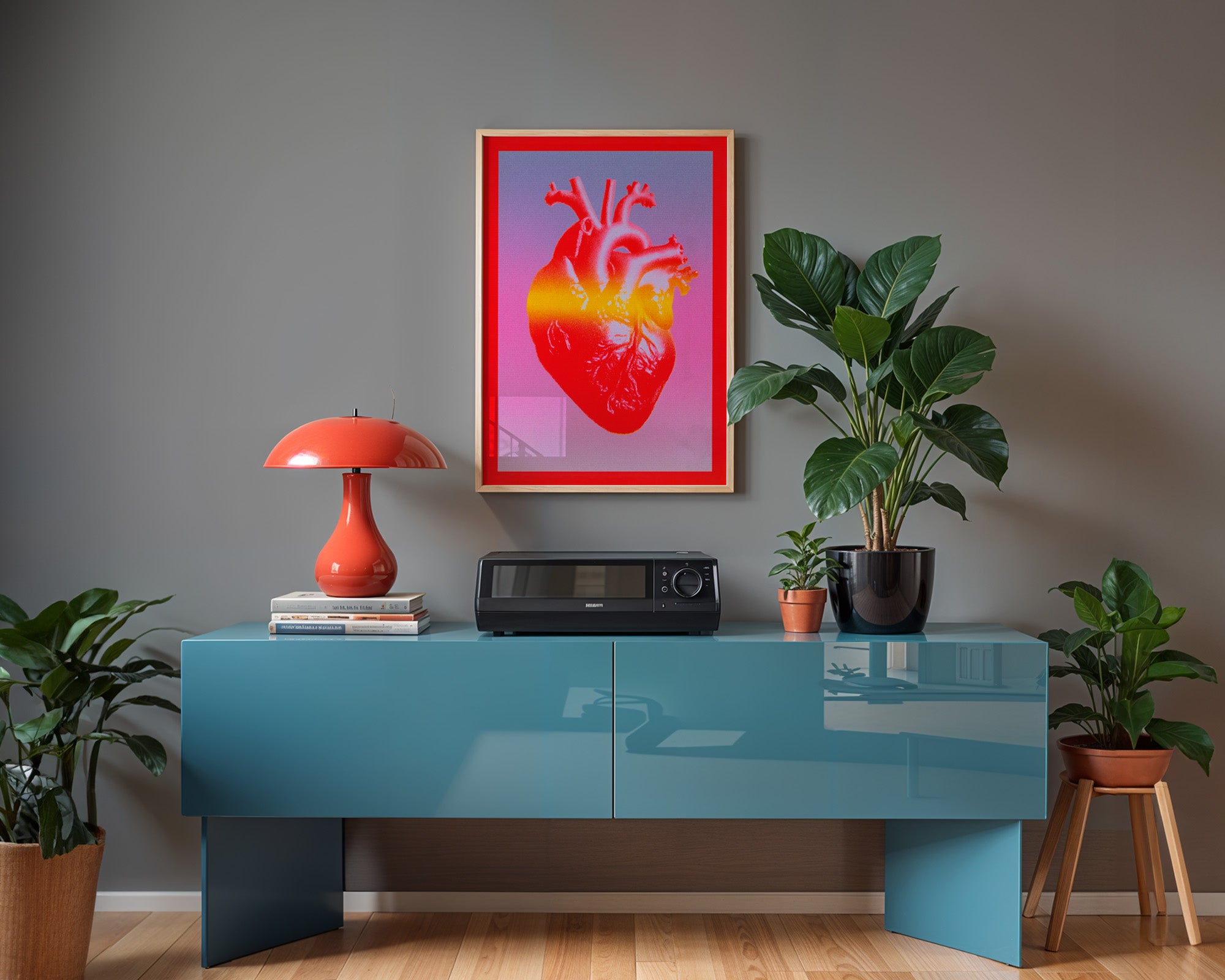 Neon Herz Poster gerahmt im Schlafzimmer