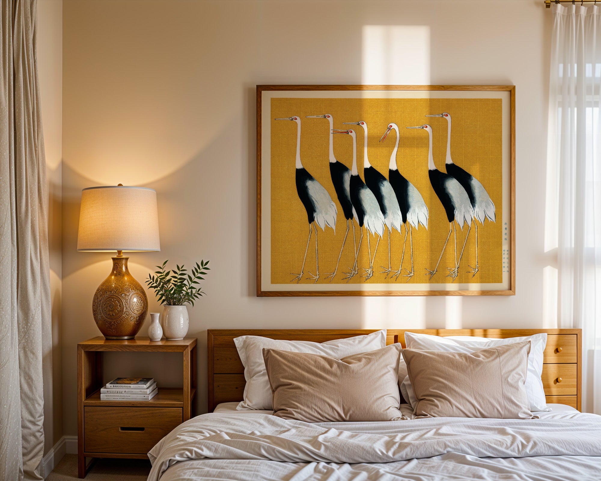 Kraniche Poster japanisch gerahmt im Wohnzimmer
