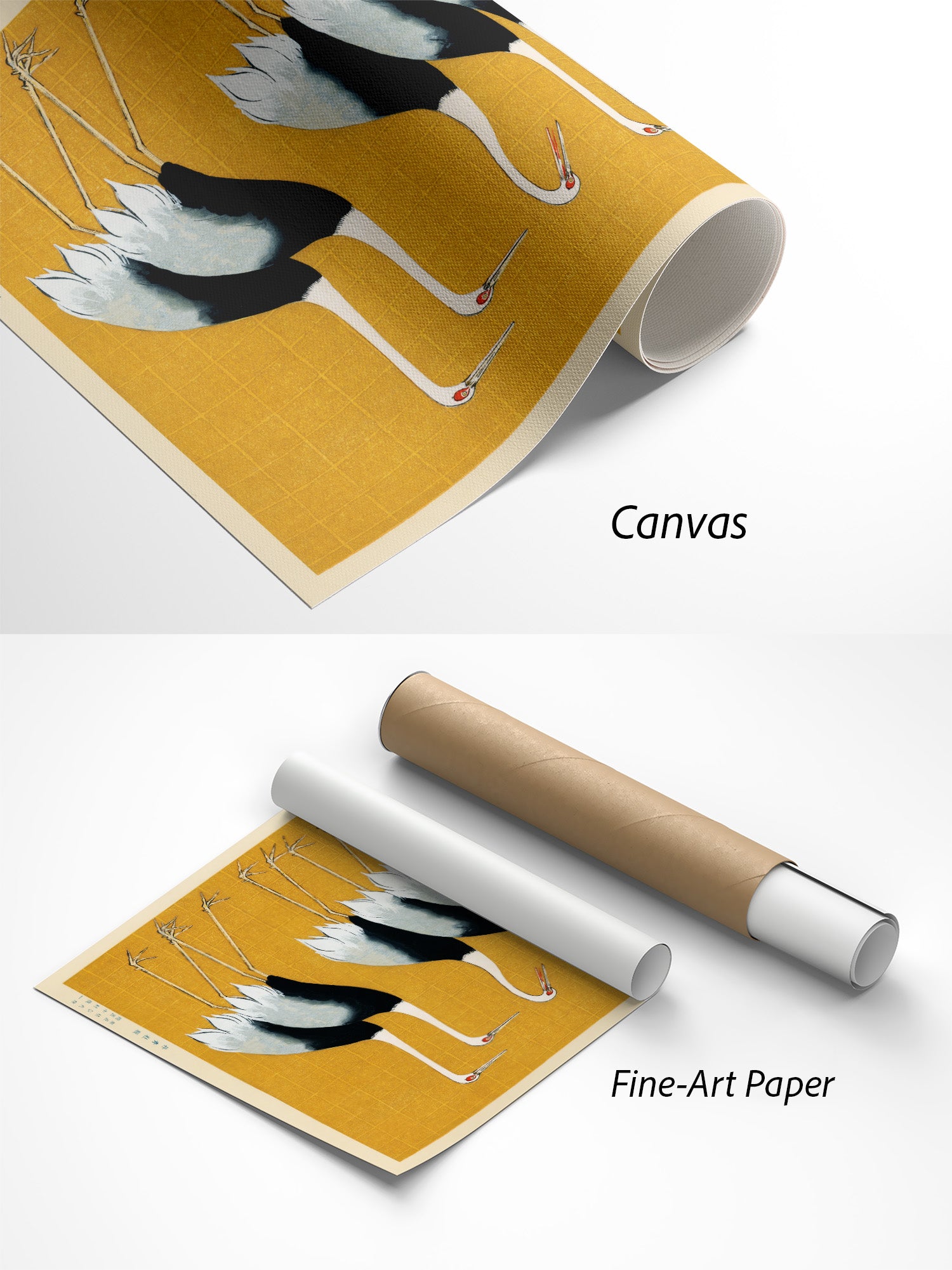 Ogata Korin Rotkronenkraniche Kunstdruck auf Canvas und Fine-Art-Papier im Materialvergleich