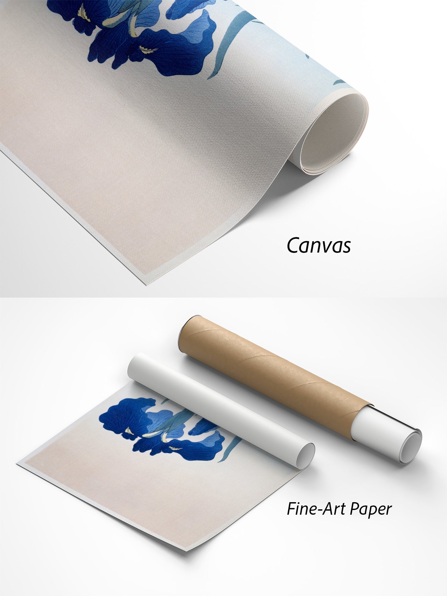 Ohara Koson Schwertlilien Kunstdruck auf Canvas und Fine-Art-Papier im Materialvergleich