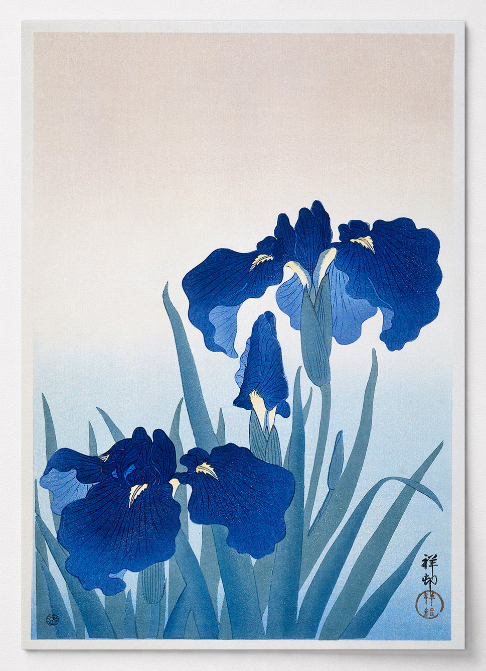 Japanisches Poster mit blauen Schwertlilien von Ohara Koson