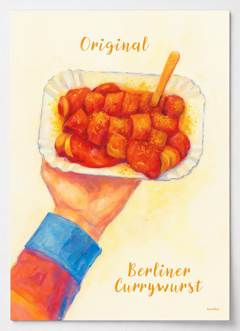 Berlin Poster mit Currywurst in Pappschale im Aquarell-Stil