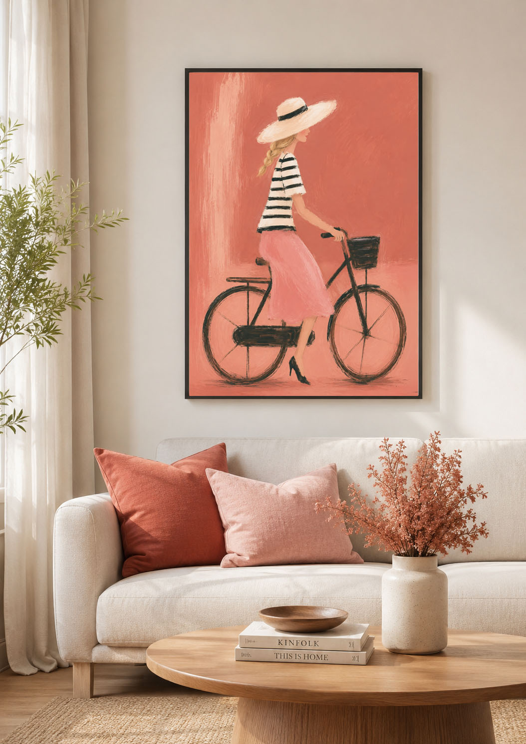 Fahrrad Poster mit Radfahrerin in rosa Rock und Sonnenhut im schwarzen Rahmen über hellem Sofa