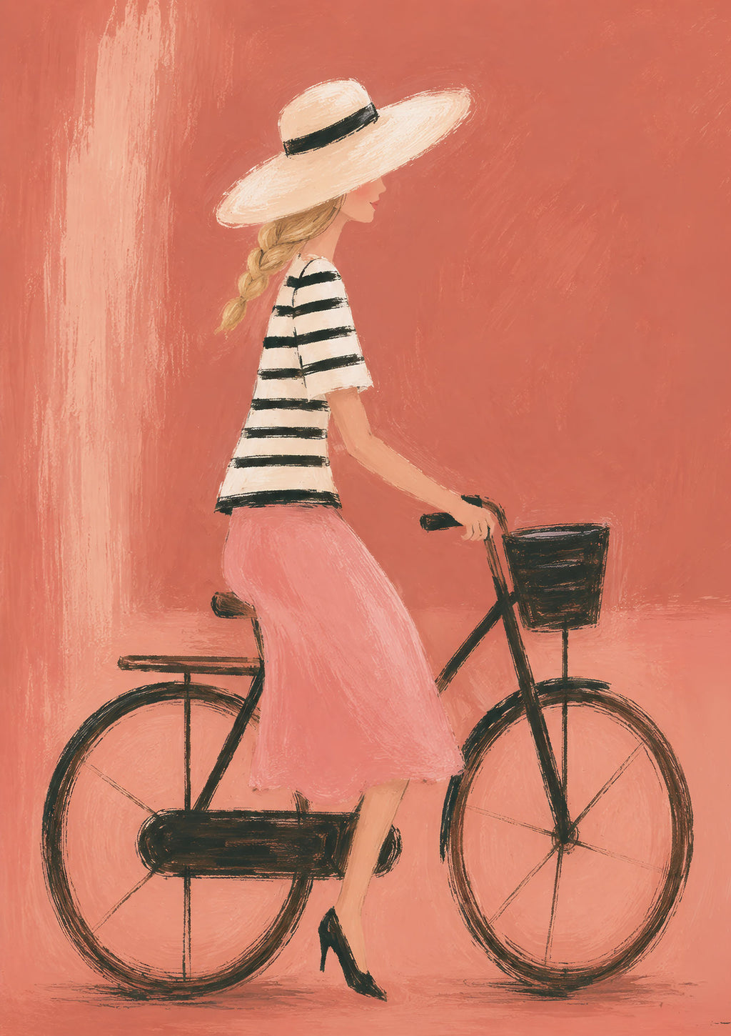 Poster mit Radfahrerin in rosa Rock und Sonnenhut auf schwarzem Fahrrad vor korallfarbenem Hintergrund