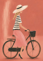 Poster mit Radfahrerin in rosa Rock und Sonnenhut auf schwarzem Fahrrad vor korallfarbenem Hintergrund