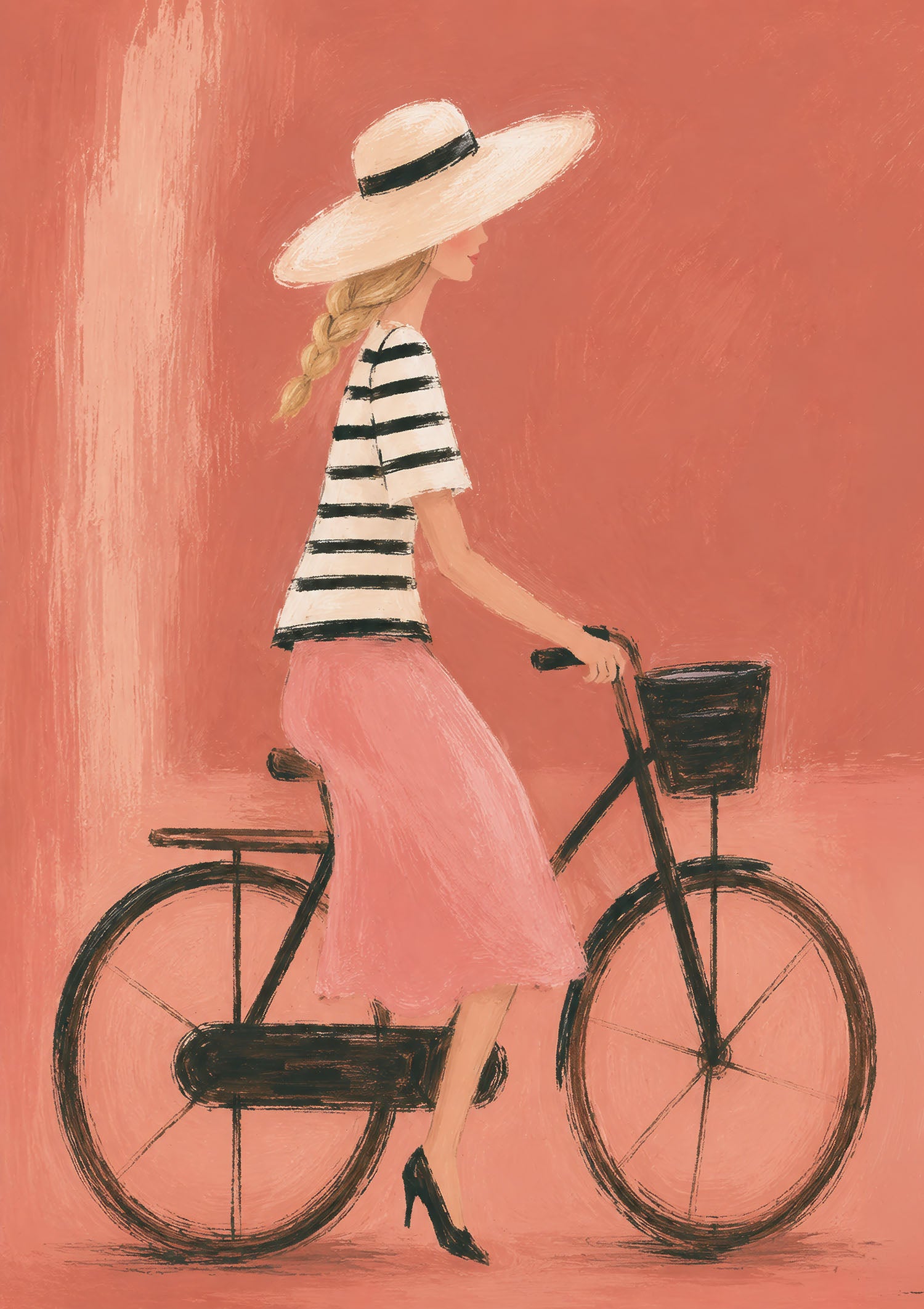 Poster mit Radfahrerin in rosa Rock und Sonnenhut auf schwarzem Fahrrad vor korallfarbenem Hintergrund