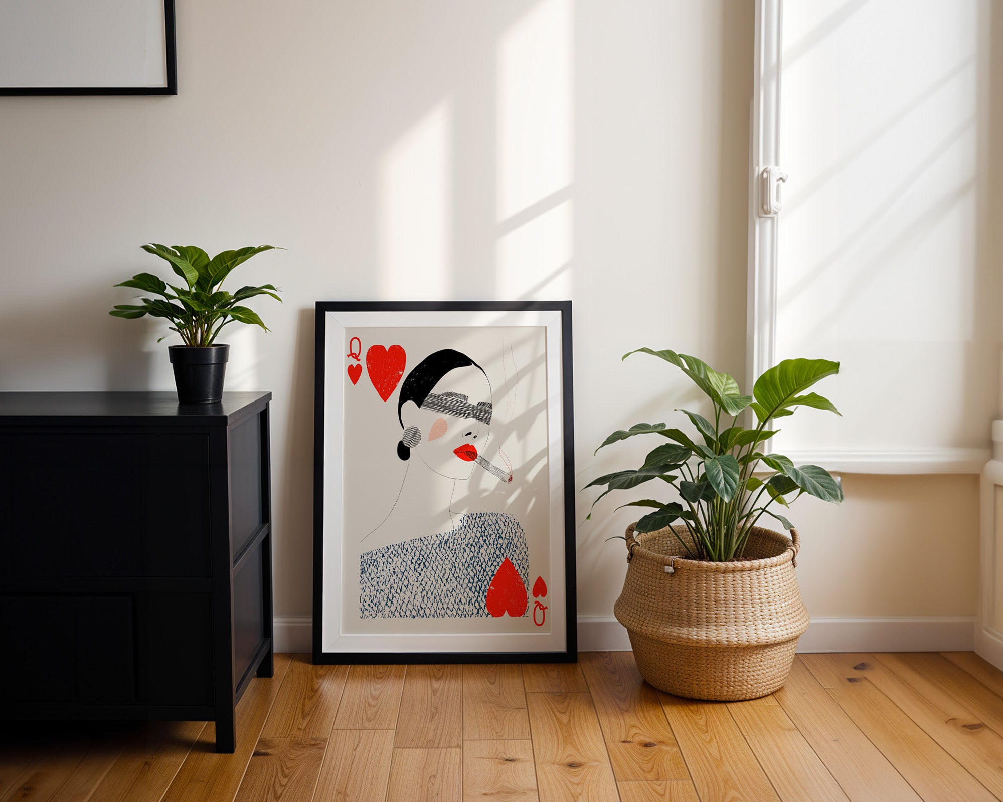 Minimalistisches Herzdame Poster gerahmt im Wohnzimmer