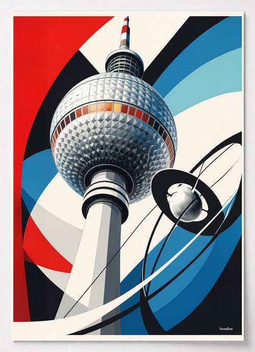 Berlin Poster mit Fernsehturm-Kugel im konstruktivistischen Stil in Rot und Blau