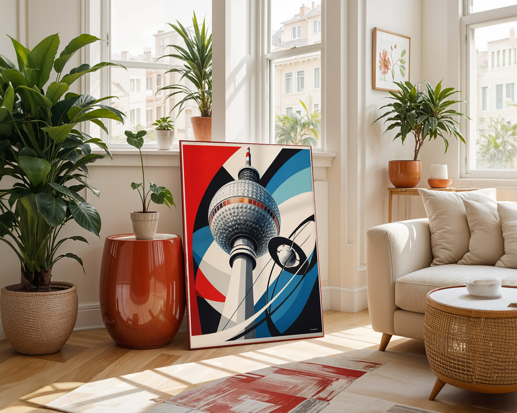 Geometrisches Fernsehturm Poster gerahmt im Wohnzimmer
