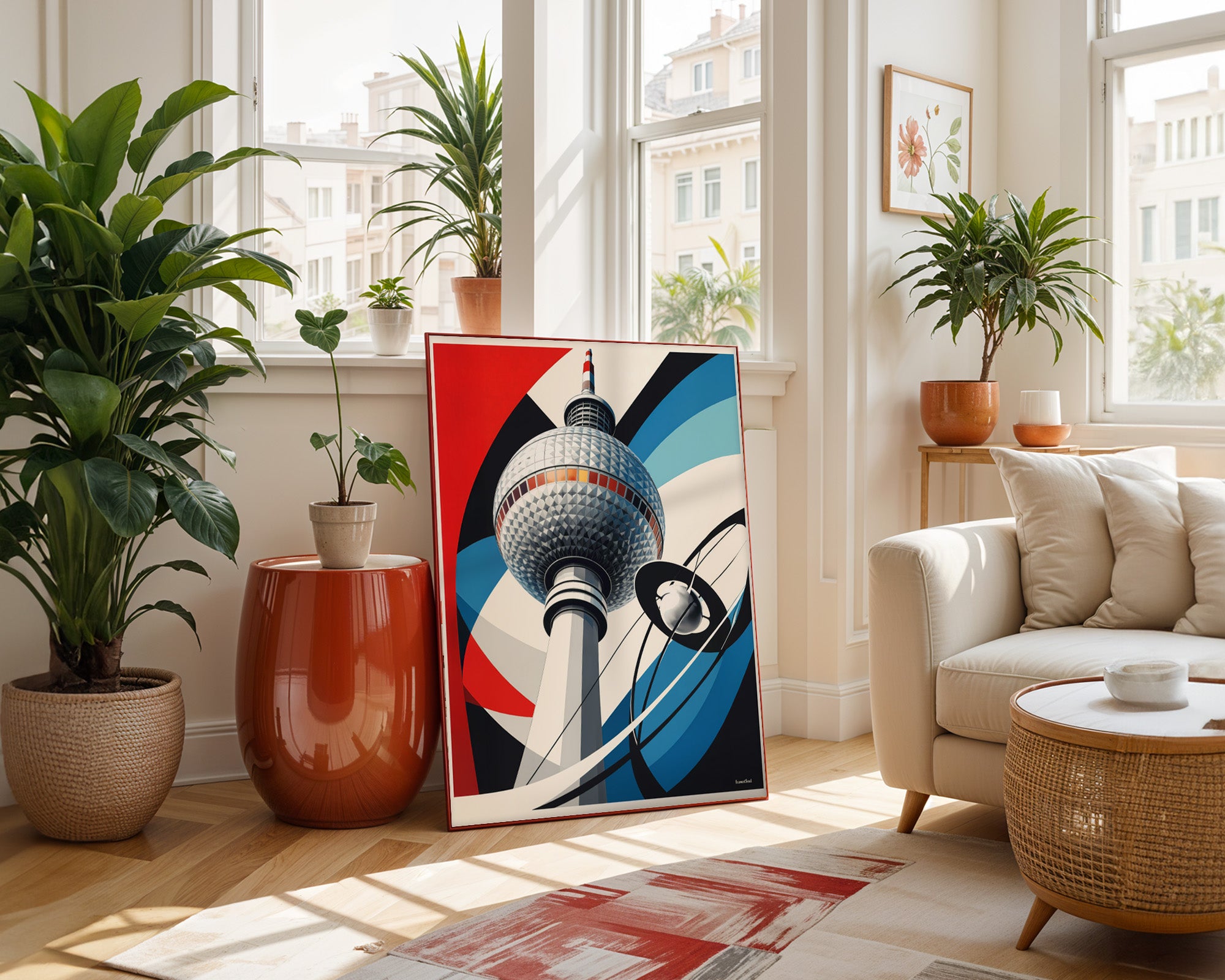 Geometrisches Fernsehturm Poster gerahmt im Wohnzimmer