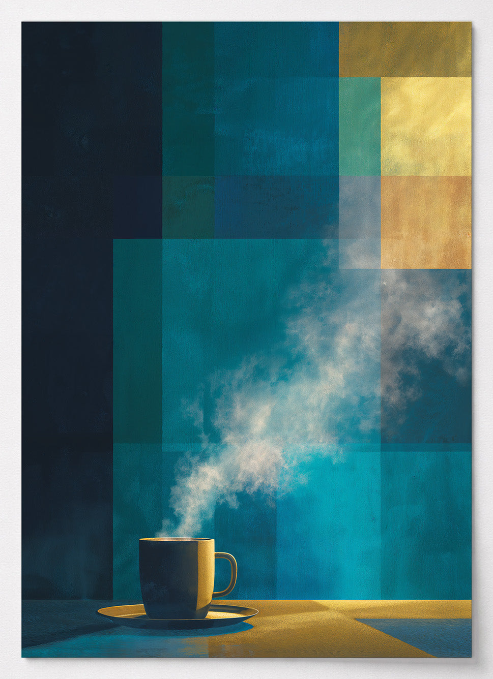Kaffee Poster mit dampfender Tasse vor geometrischen Flächen in Blau