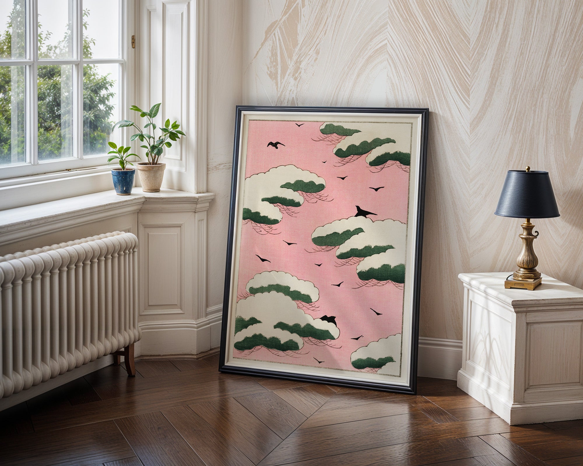 Japanisches Poster in Rosa gerahmt im Schlafzimmer