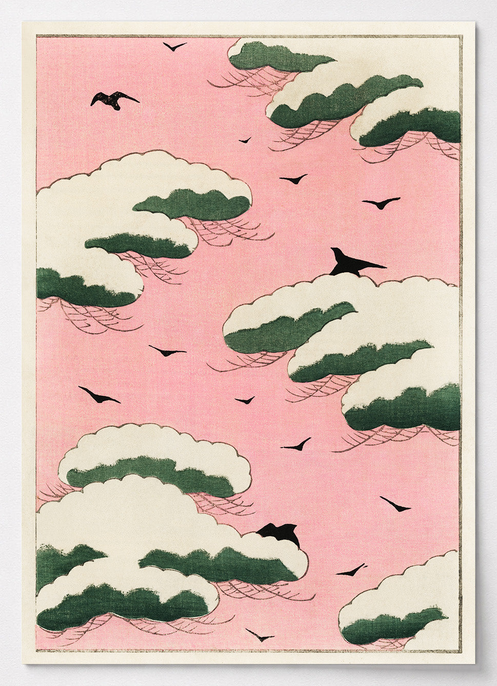 Japanisches Poster mit Kiefern vor rosafarbenem Himmel von Shin Bijutsukai