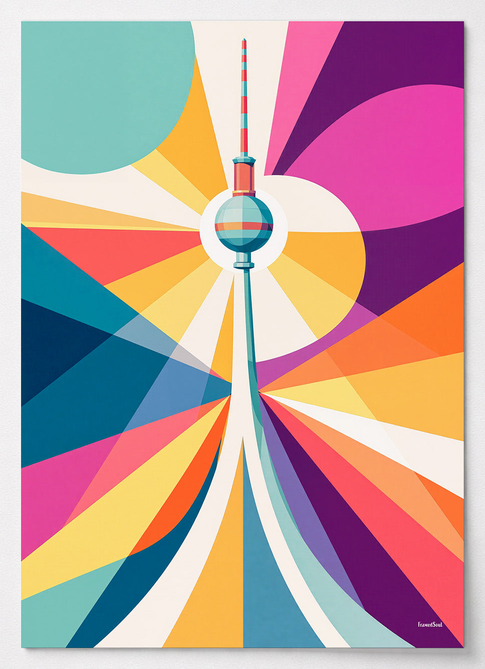 Berlin Poster mit Fernsehturm und bunten Strahlen in Pink, Lila und Türkis