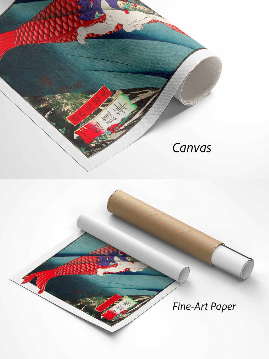 Tsukioka Yoshitoshi Saitō Oniwakamaru auf einem Karpfen Kunstdruck auf Canvas und Fine-Art-Papier im Materialvergleich