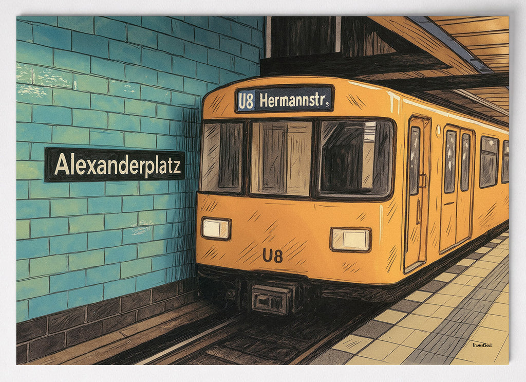 Berlin Poster mit gelber U-Bahn U8 am Alexanderplatz und türkisen Kacheln