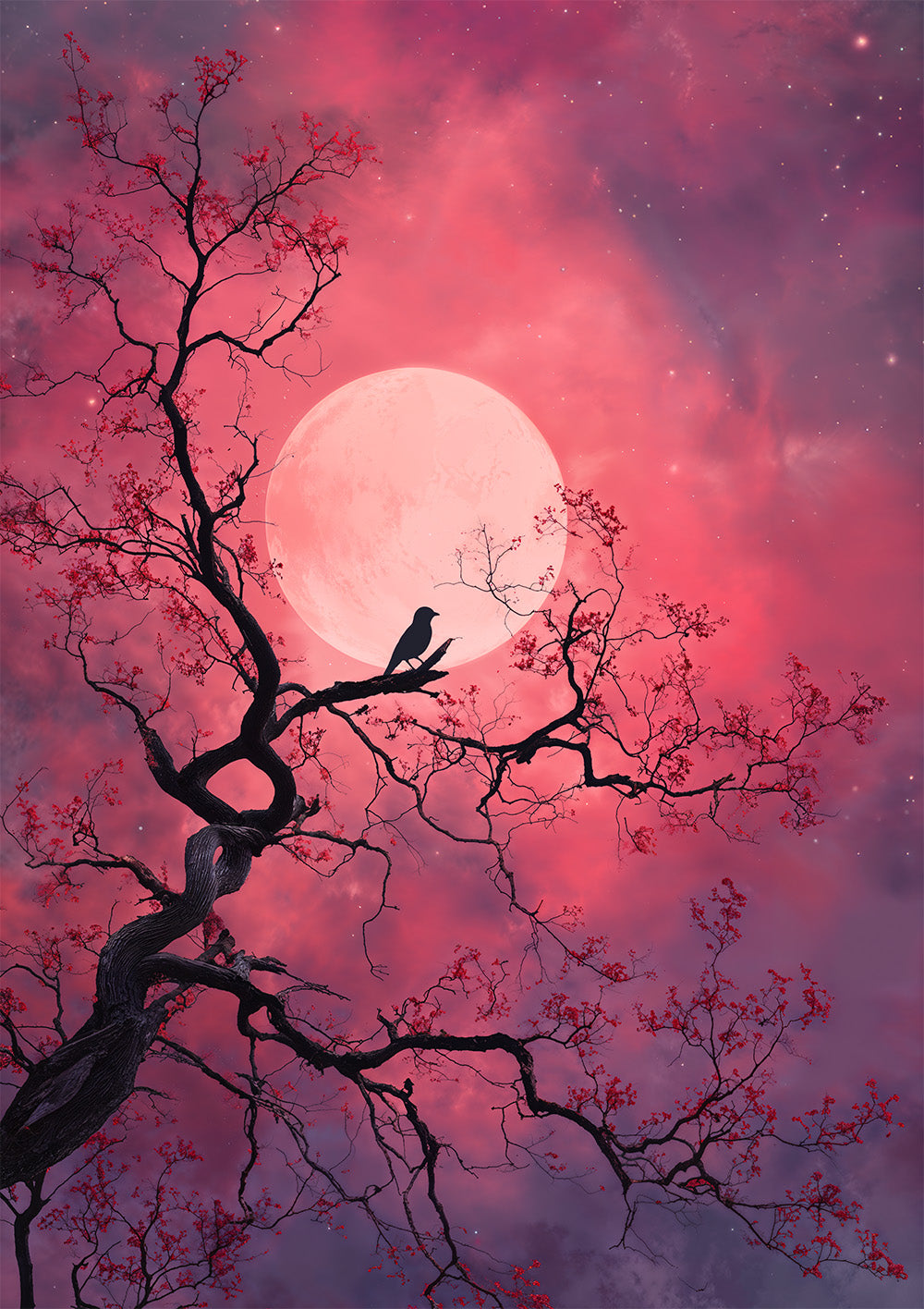Mond Poster mit Vogel vor rosafarbenem Vollmond