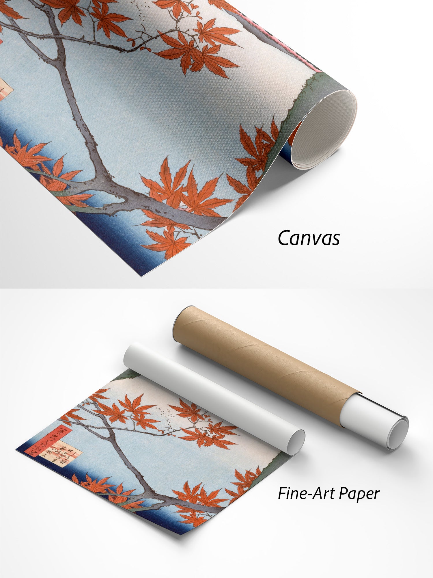 Utagawa Hiroshige Ahornbäume bei Mama Kunstdruck auf Canvas und Fine-Art-Papier im Materialvergleich