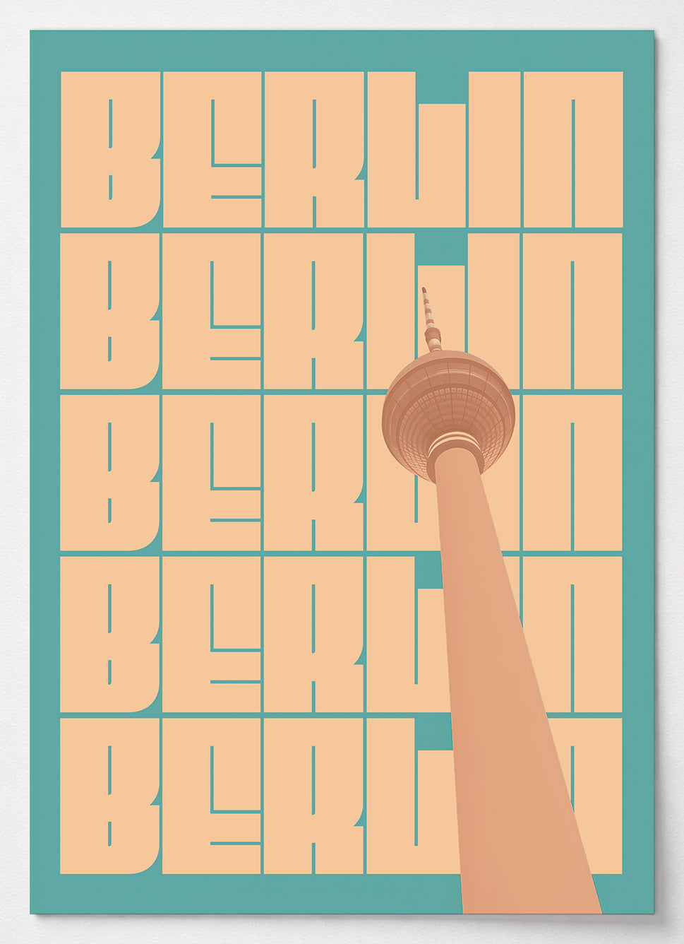 Berlin Poster mit Fernsehturm und BERLIN-Schriftzug in Türkis und Beige