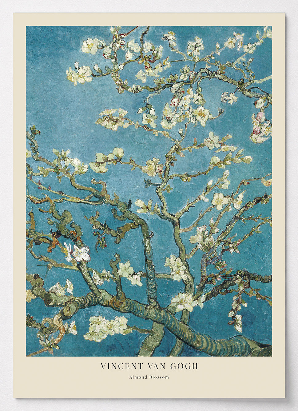 Van Gogh Poster mit weißen Mandelblüten auf türkisblauem Himmel