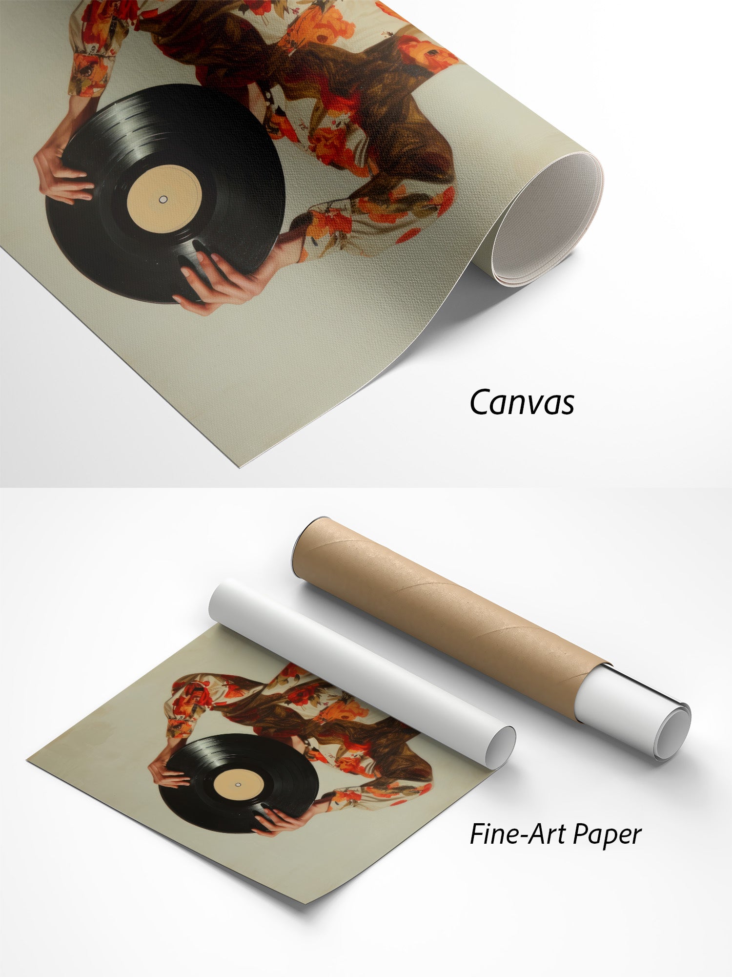 Vinyl Nostalgie Retro Vinyl Poster auf Canvas und Fine-Art-Papier im Materialvergleich